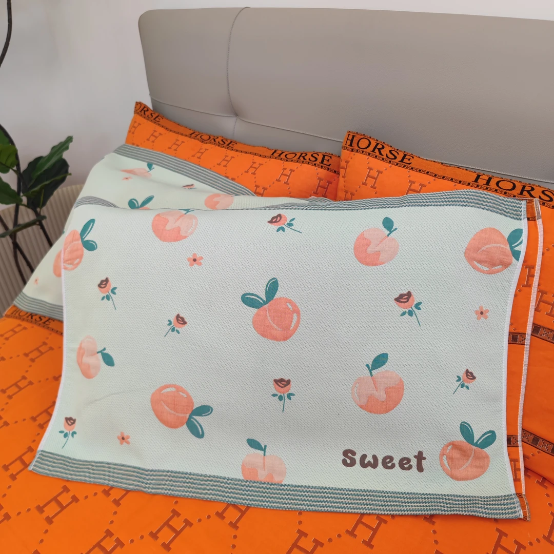 水蜜桃蓝纯棉纱布枕巾