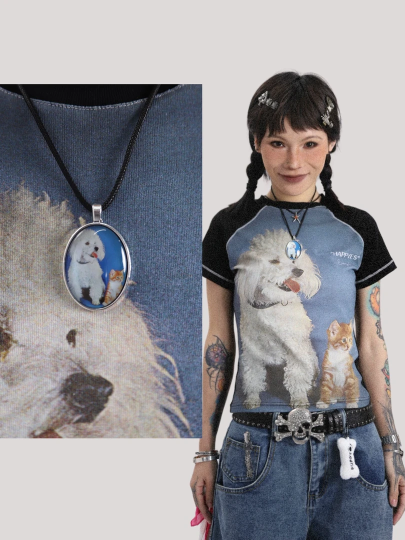 合金树脂吊坠 happyes“狗和猫”复古百搭蛋面项链/挂饰挂坠挂链