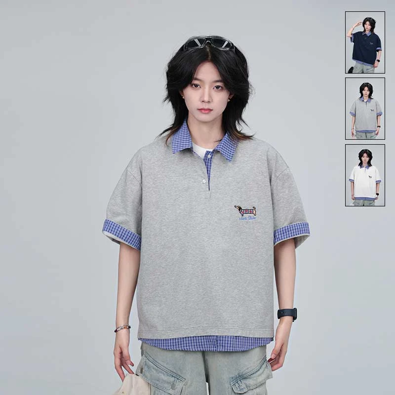 heichiage小狗刺绣【莱赛尔】格子拼接假两件T恤男女夏季百搭上衣