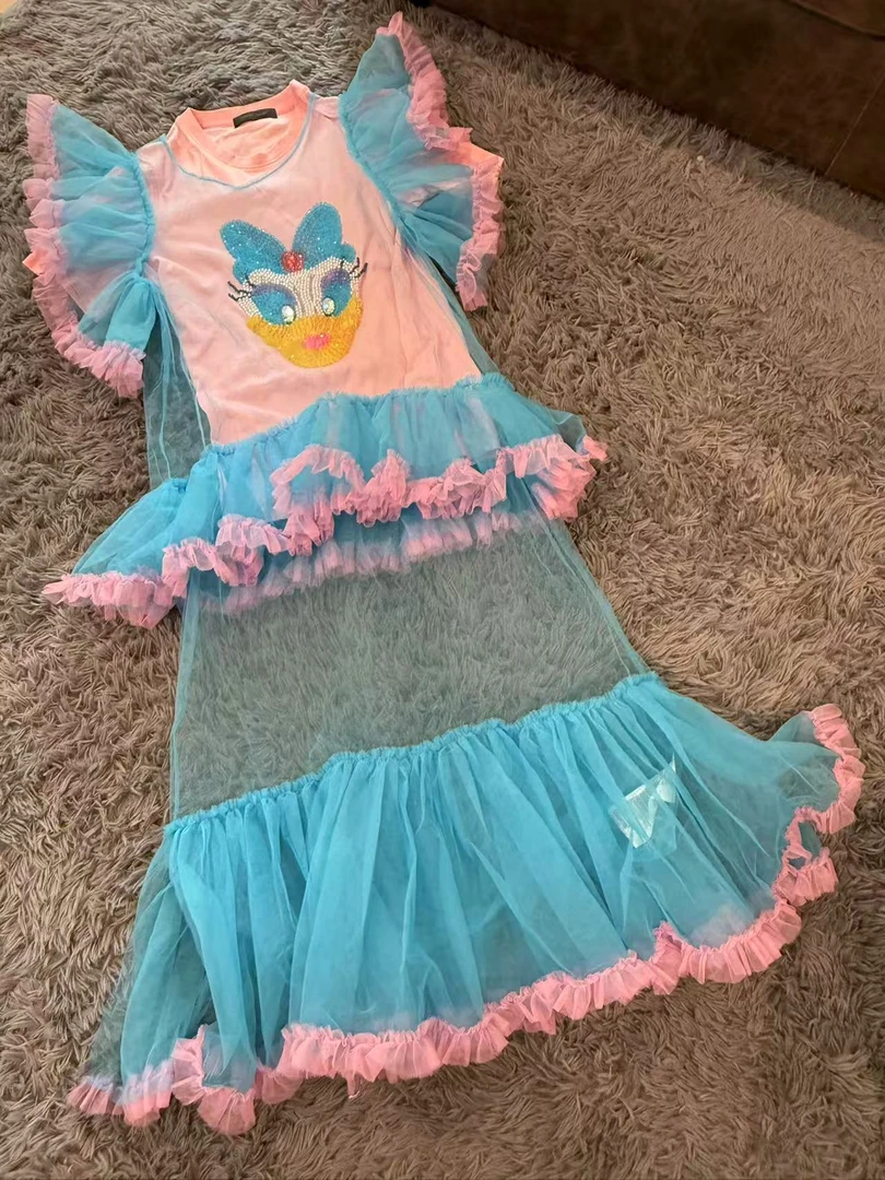 A33 洋气蓝色时尚夏季连体女宝设计师甜美女孩夏款泡泡袖网纱裙