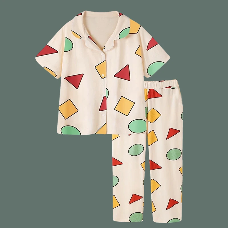 男生日系夏天季三件套蜡笔小新大码同款纯棉家居服女情侣短袖睡衣