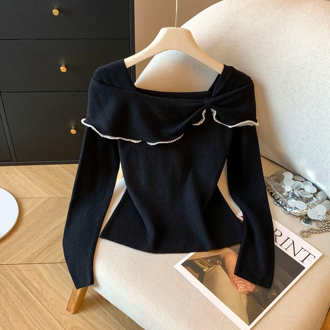 SM潮流秋冬新款法式甜美一字肩蝴蝶结钉珠针织衫修身显瘦小衫上衣