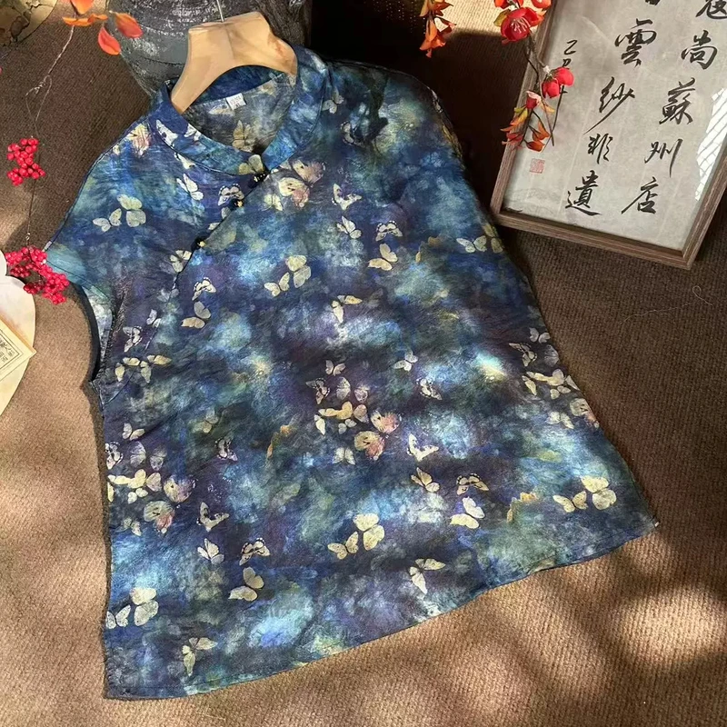 夏季新款新中式国风斜襟提花韵染花香蝶舞优雅上衣