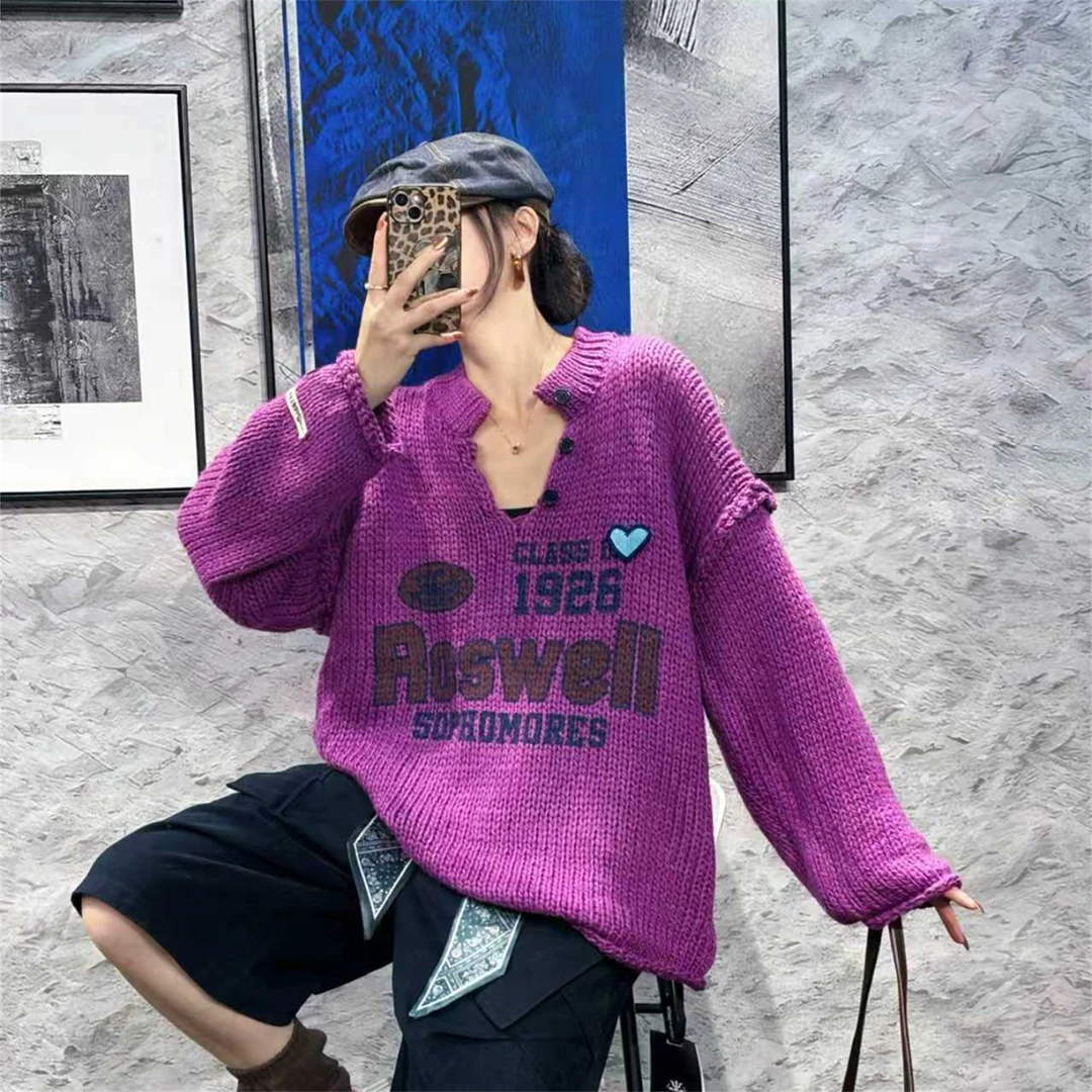 秋季韩版上衣针织衫中长款字母印花V领休闲显瘦复古长袖毛衣女ins