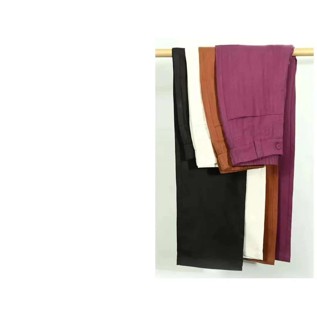 【乌梅紫】夏季新款蚕丝亚麻休闲裤阔腿长裤女高腰舒爽直筒裤