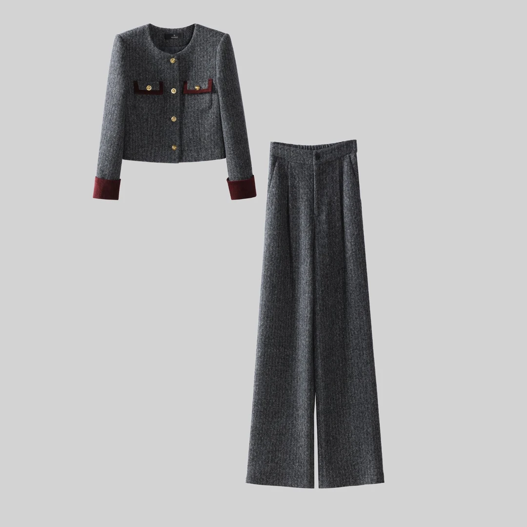 〈纪朵研〉G211高级感时尚套装秋冬通勤简约显瘦上衣阔腿裤两件套女