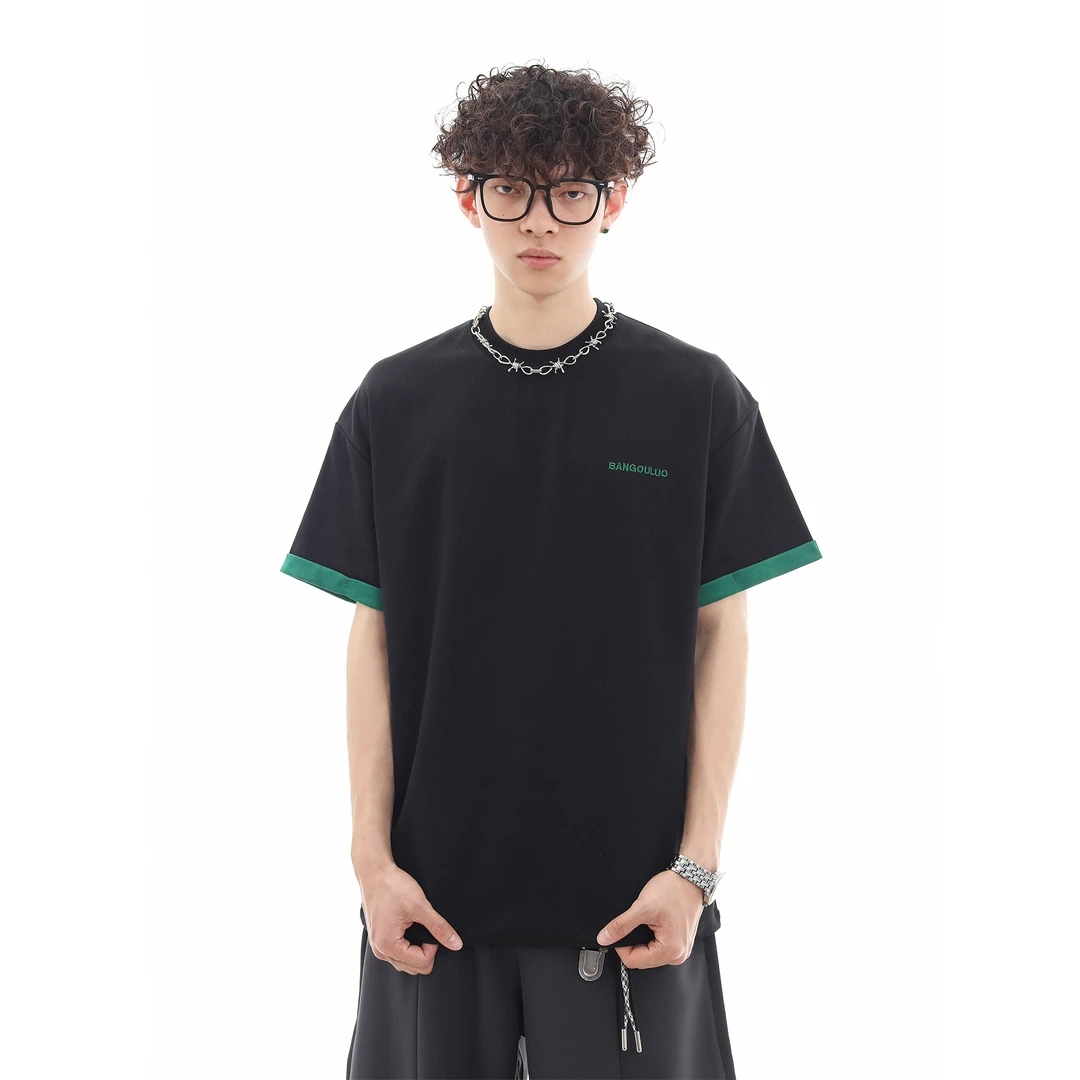 Trend st潮牌撞色设计感宽松短袖T恤男2025新款夏季简约刺绣体恤