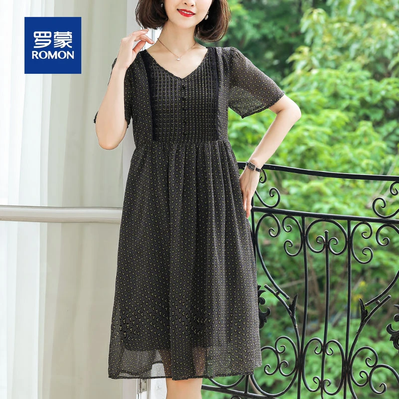 罗蒙大码女装宽松显瘦设计感连衣裙胖妈妈夏装雪纺碎花短袖中长裙