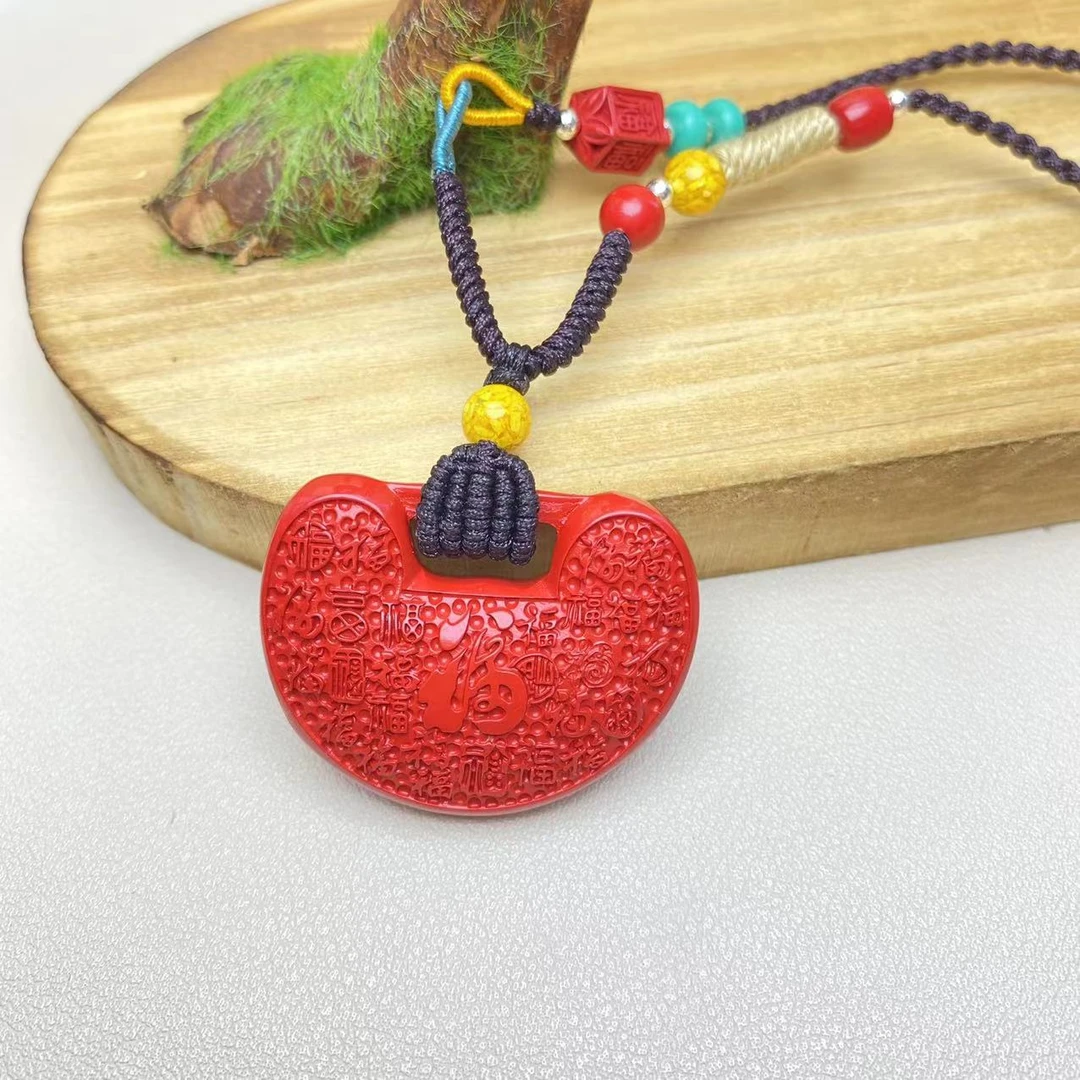 含辰砂工艺品保真高含量红砂设计款百福锁吊坠手工编绳朱砂挂件