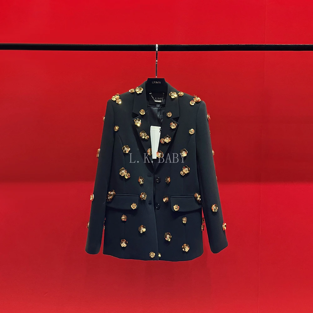 【L.K.BABY】夜来花香A  高定轻奢立体金属亮片花瓣西服外套