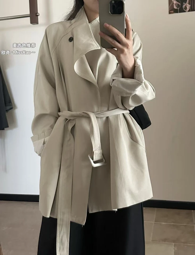 MAMIE【英伦日记-中长款】秋季垂感宽松显瘦立领黑色风衣外套配腰带