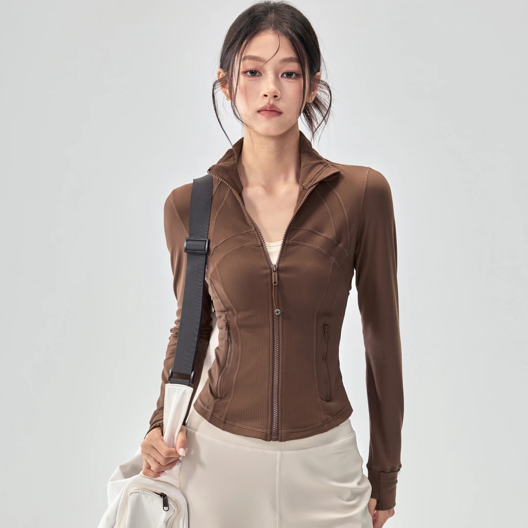 立领螺纹运动外套女秋冬户外跑步训练瑜伽服弹力修身显瘦运动上衣