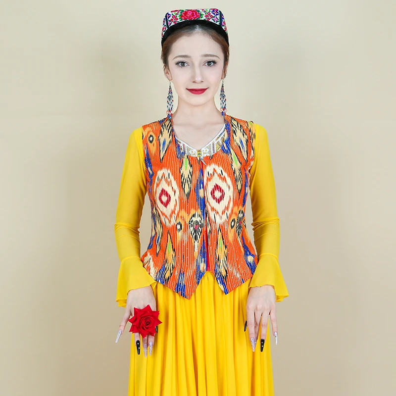 新疆民族广场舞蹈演出背心表演短款马甲维吾尔族艾德莱斯烫钻