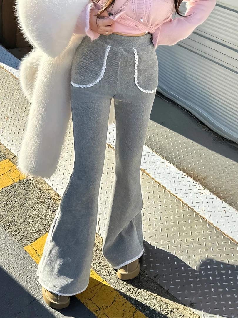 时尚蕾丝花边加绒微喇休闲裤女2025秋冬季复古休闲百搭显瘦阔腿裤