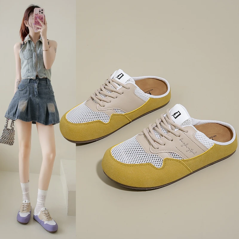 阿甘鞋女2025夏季新款女芒果头韩s网面拼色潮休闲百搭博肯半拖鞋