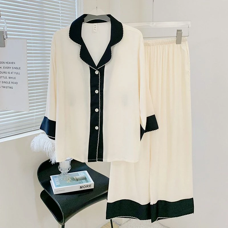 秋季新品高级感家居服冰醋丝七分袖睡衣套装翻领简约大码宽松