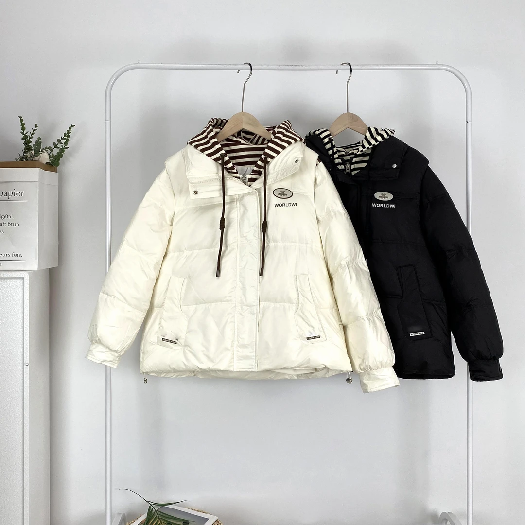 高级感设计两件套宽松棉服女马甲条纹连帽加厚上衣百搭外套A2308#