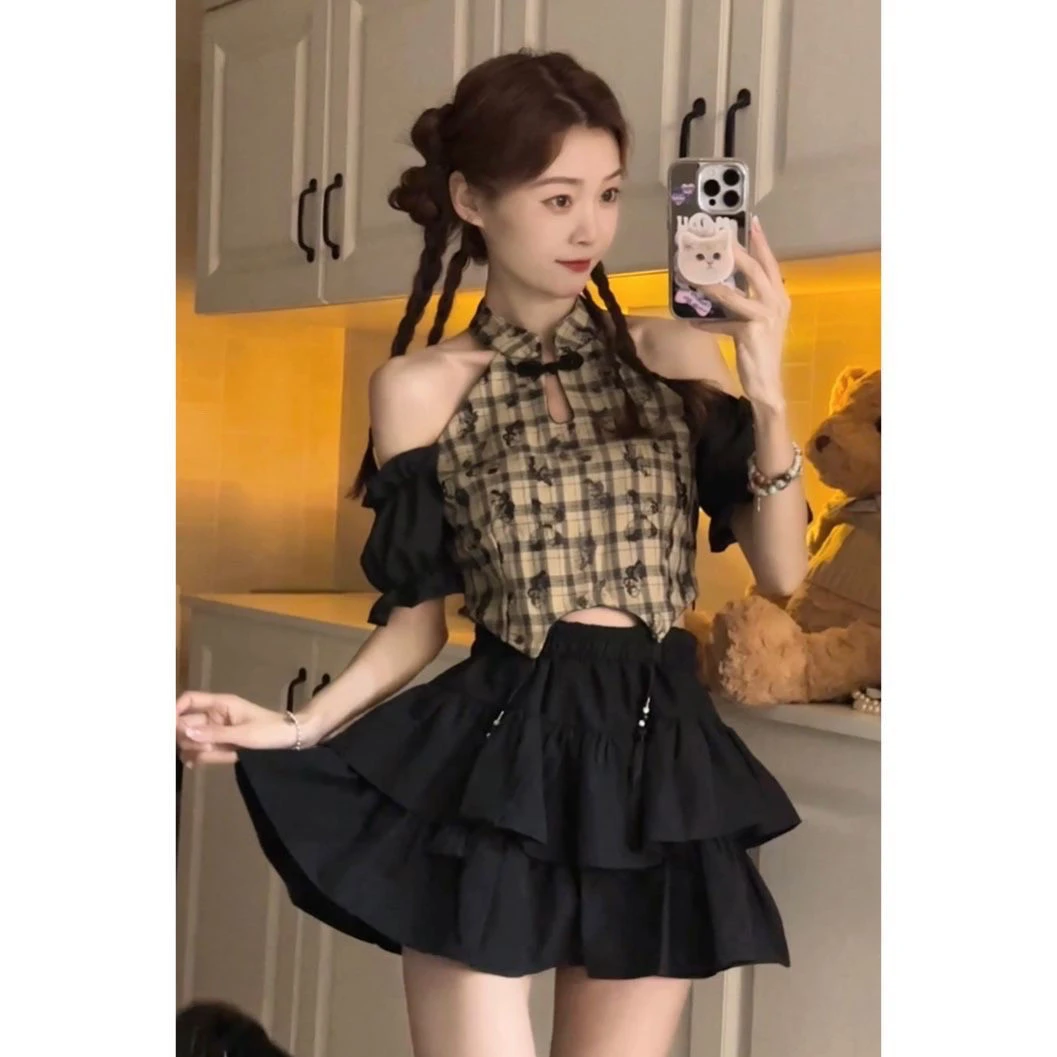 新款新中式复古格子衬衫国风镂空流苏上衣+高腰蛋糕裙自带安全裤