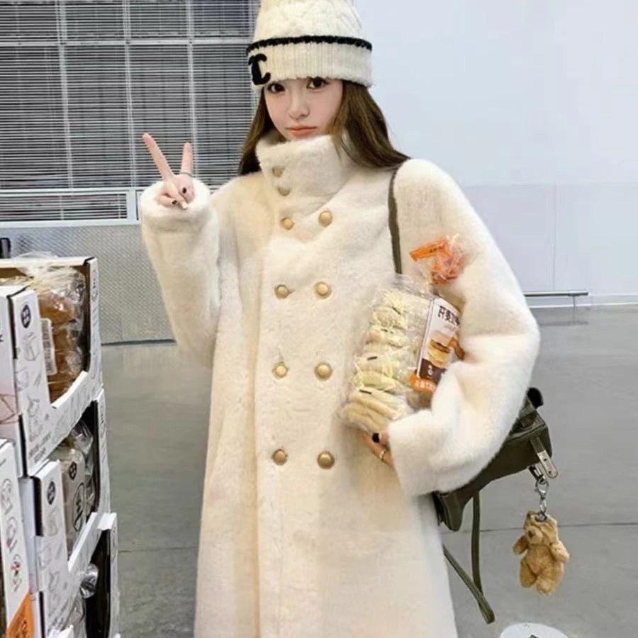 【8163】韩版白色双排扣大衣女冬新款超好看设计感加厚中长款G-4