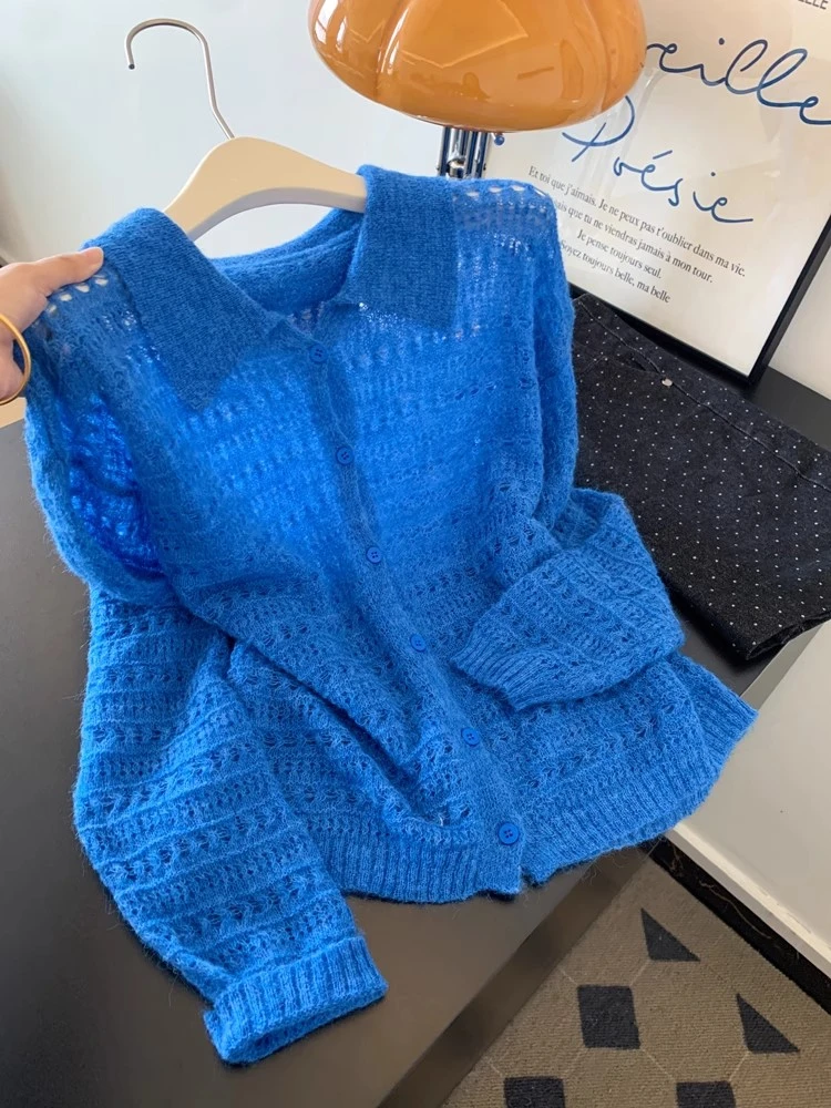 复古高级感Polo领长袖针织开衫女秋季款韩系简约穿搭小衫上衣