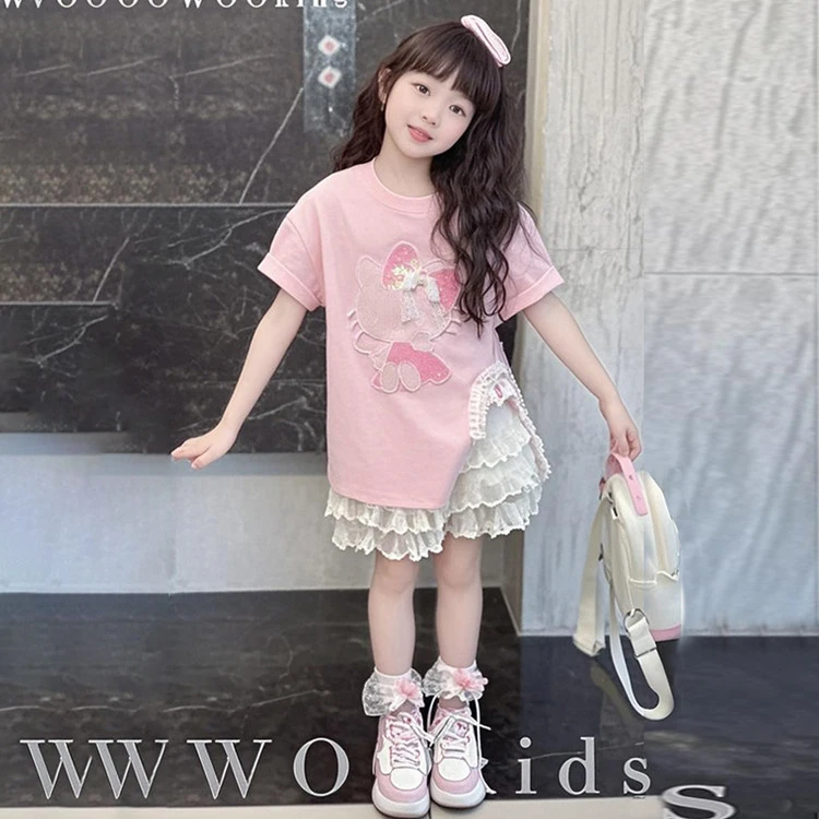 女童夏季网红炸街短袖套装女孩蝴蝶亮片开叉T恤裙子大童韩版上衣8