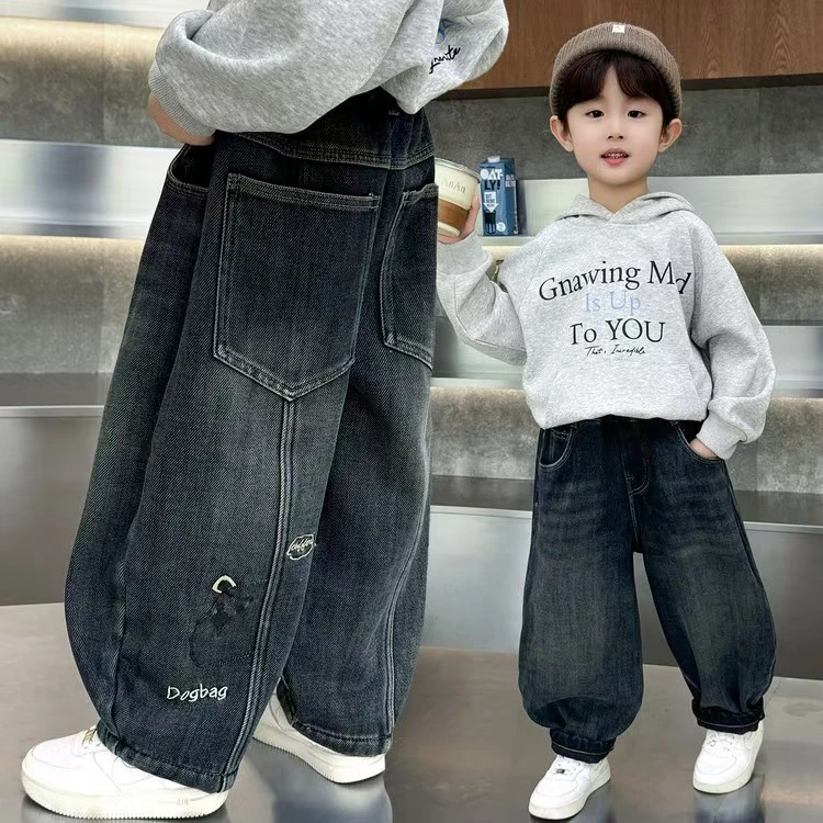 男童加绒牛仔裤子2025新款儿童秋冬装宝宝加厚一体绒休闲弯刀长裤