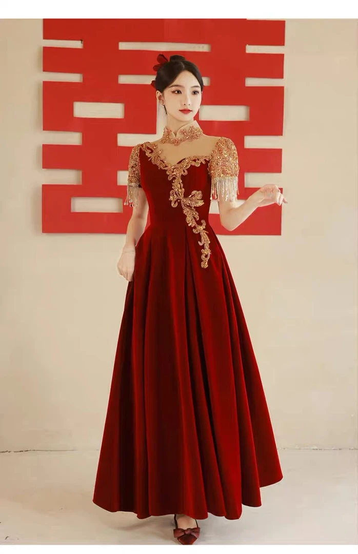 酒红版绒泡泡袖流苏钻敬酒服主持走秀礼服