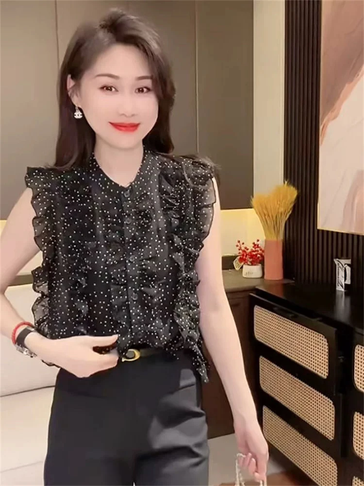 2025夏季新款波点印花雪纺衫木耳边设计感荷叶边飞飞袖减龄衬衫女
