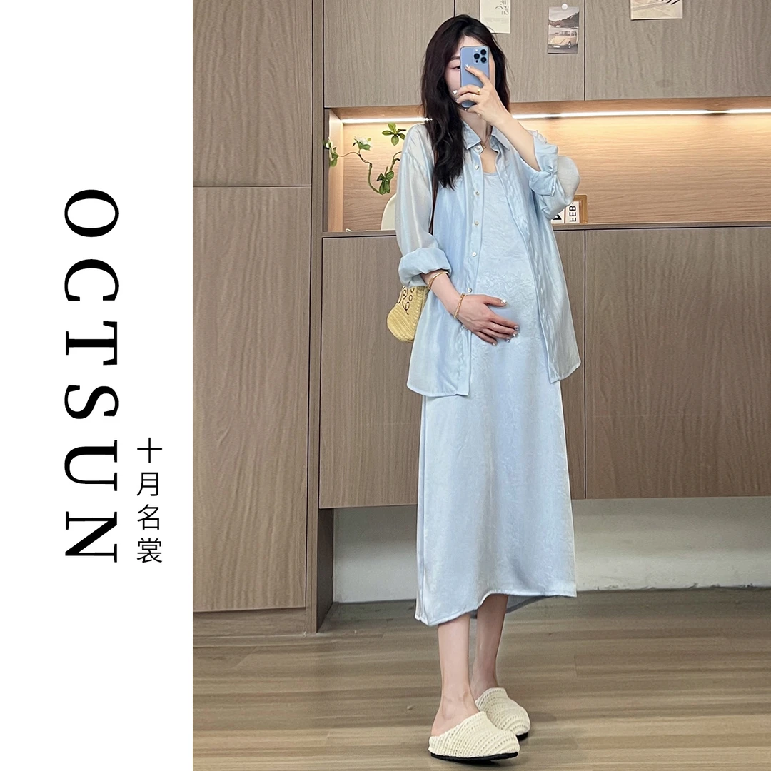 【十月名裳】夏季孕妇装女25新款夏装衬衫外套+吊带连衣裙两件套