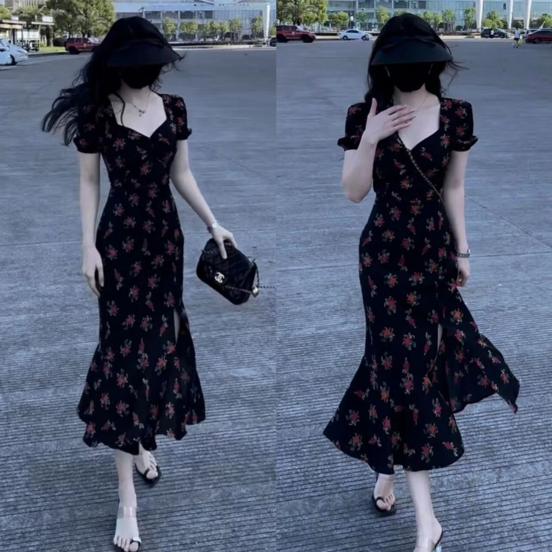 老钱风松弛感女装贵气夏季新款茶歇气质方领收腰显瘦包臀开叉连衣