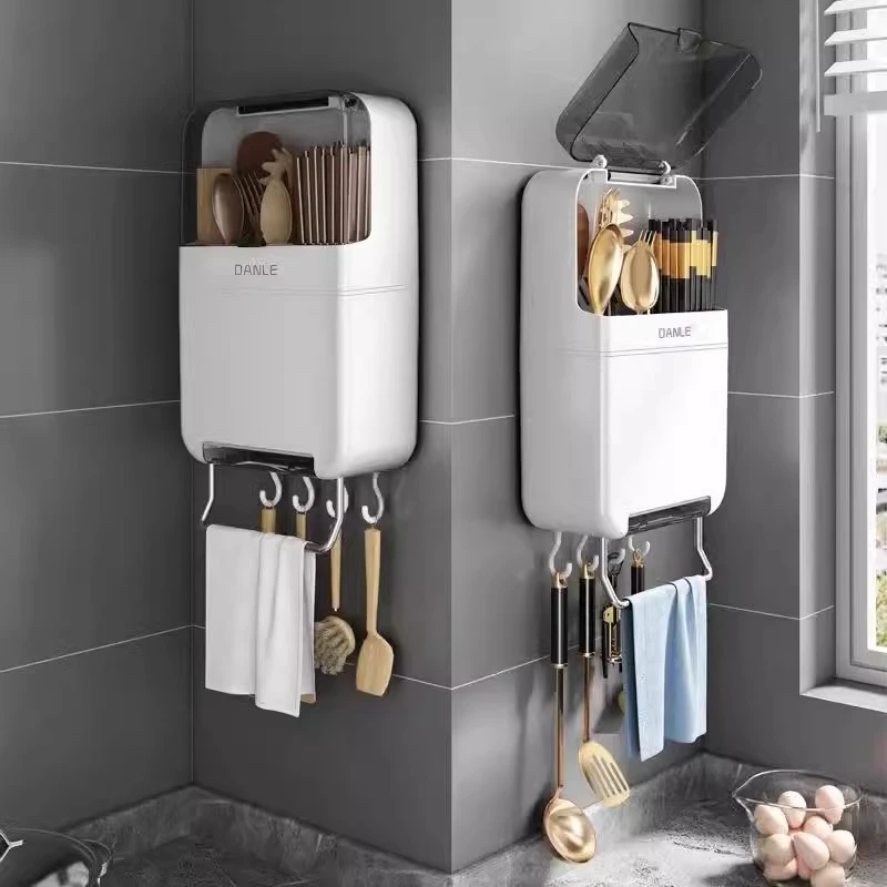 厨房多功能筷子筒笼免打孔壁挂式置物架勺子收纳筷子笼餐具沥水架