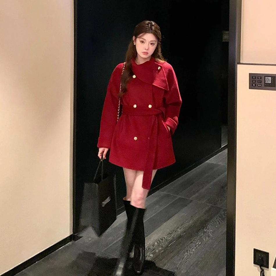 2025年秋冬时髦中长款双面绒毛呢外套女美拉德小个子慵懒呢子大衣