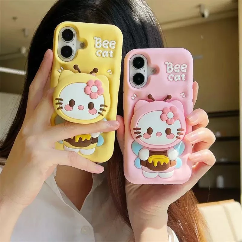 【适用苹果】女款支架蜜蜂kitty猫iPhone16卡通可爱立体硅胶手机壳