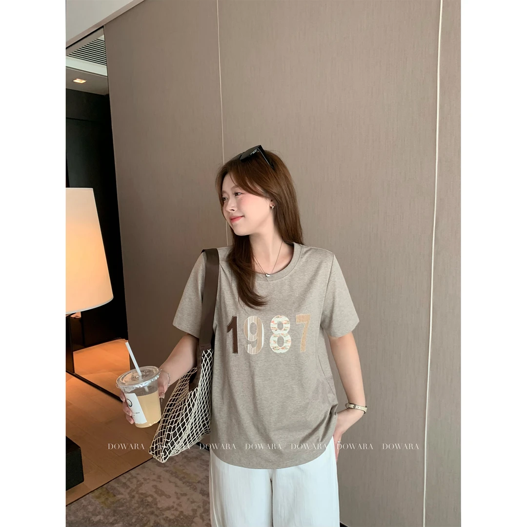 现货大婉酱微胖定制100棉简约数字贴布绣短袖T夏季女装上衣 7956D