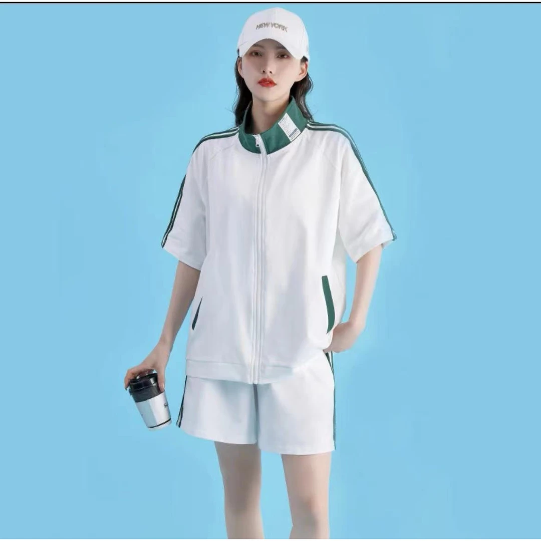 82 夏季休闲运动套装女二开三条杠短袖短裤两件套