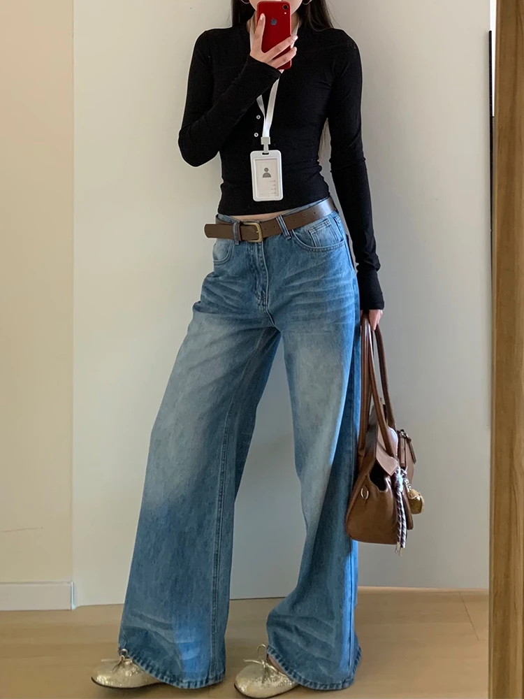 微胖mm阔腿设计感显瘦拖地牛仔裤女春季新款宽松显瘦垂感直筒裤子