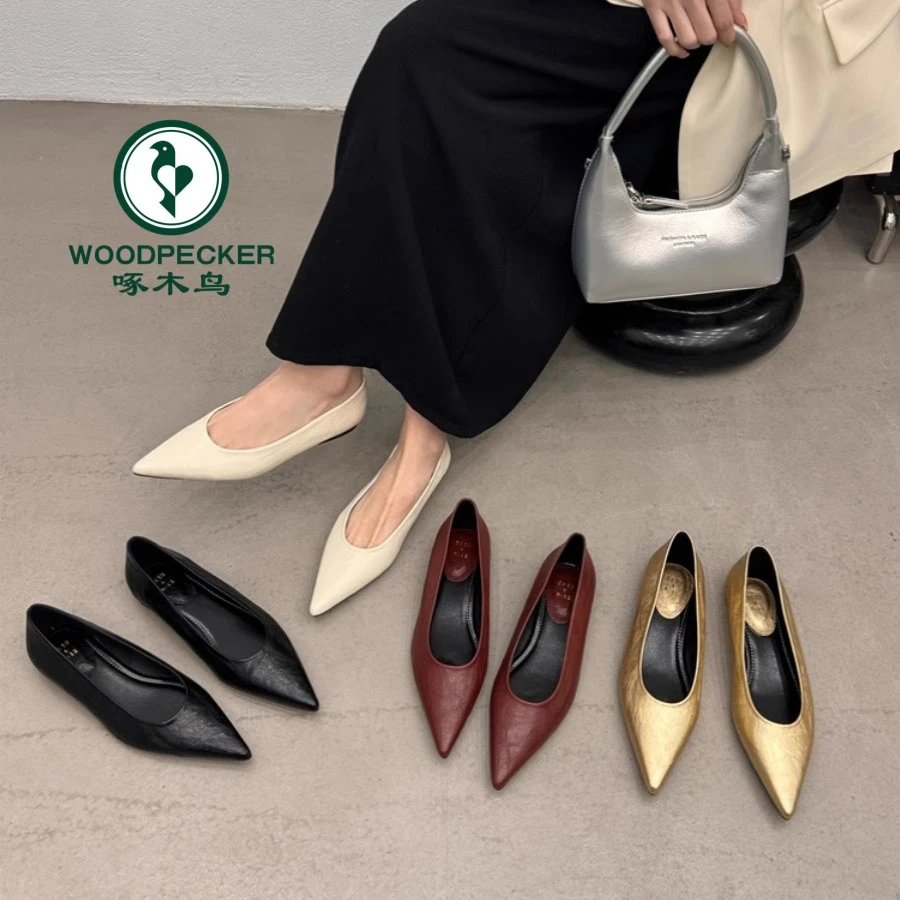 啄木鸟浅口平底单鞋女法式小香风晚晚2025春夏新款尖头软皮瓢鞋女