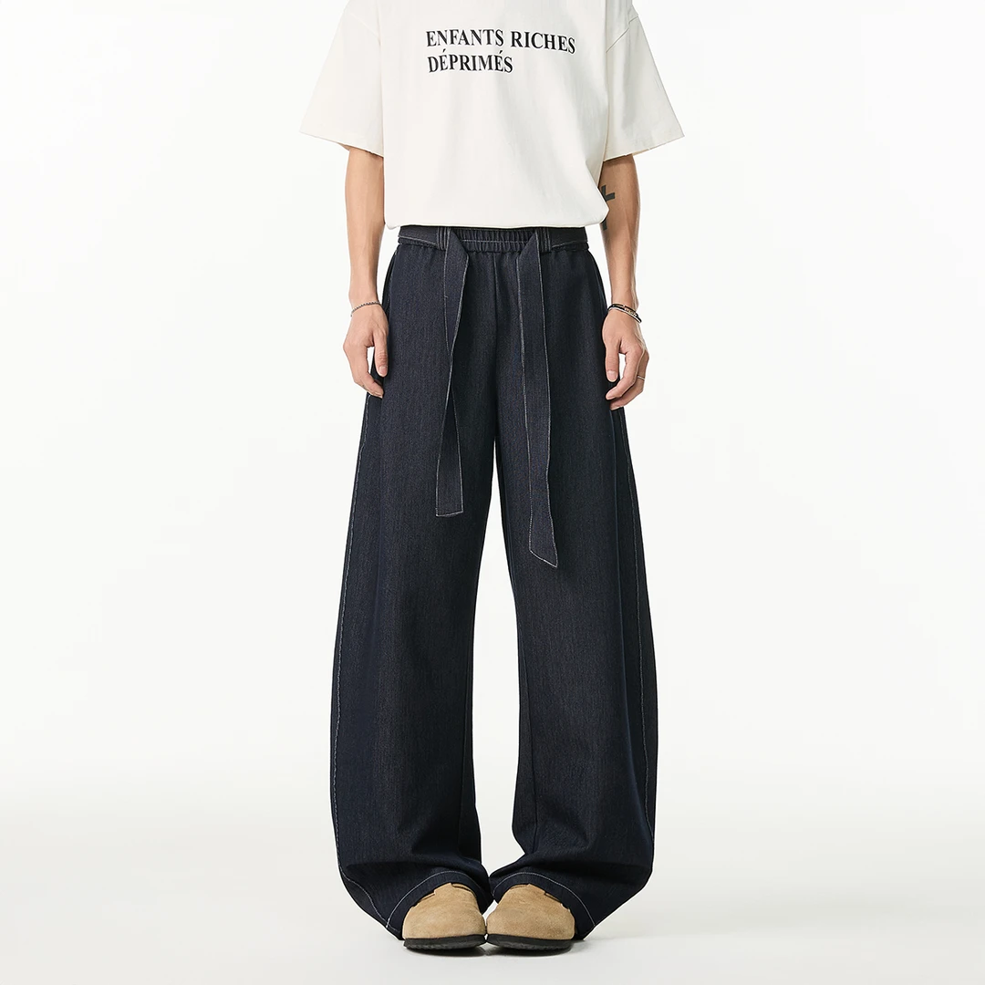 秋季定制仿牛仔阳离子弯刀休闲裤男女垂感老钱飘带宽松阔腿长裤子