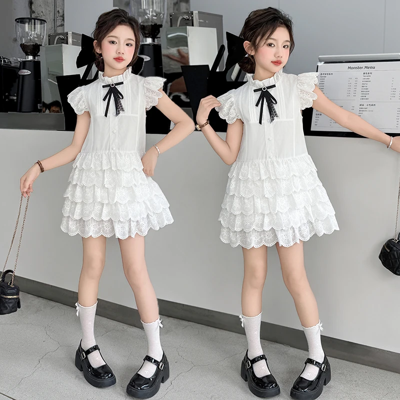 白色花边飞袖连衣裙女童夏季洋气新款中大童韩版甜美学院风蛋糕裙