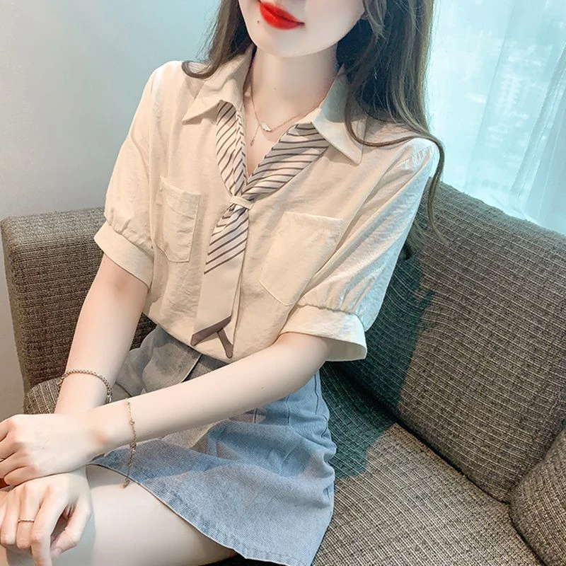 Polo领减龄短袖衬衫女夏季高级感雪纺小衫女洋气独特别致上衣