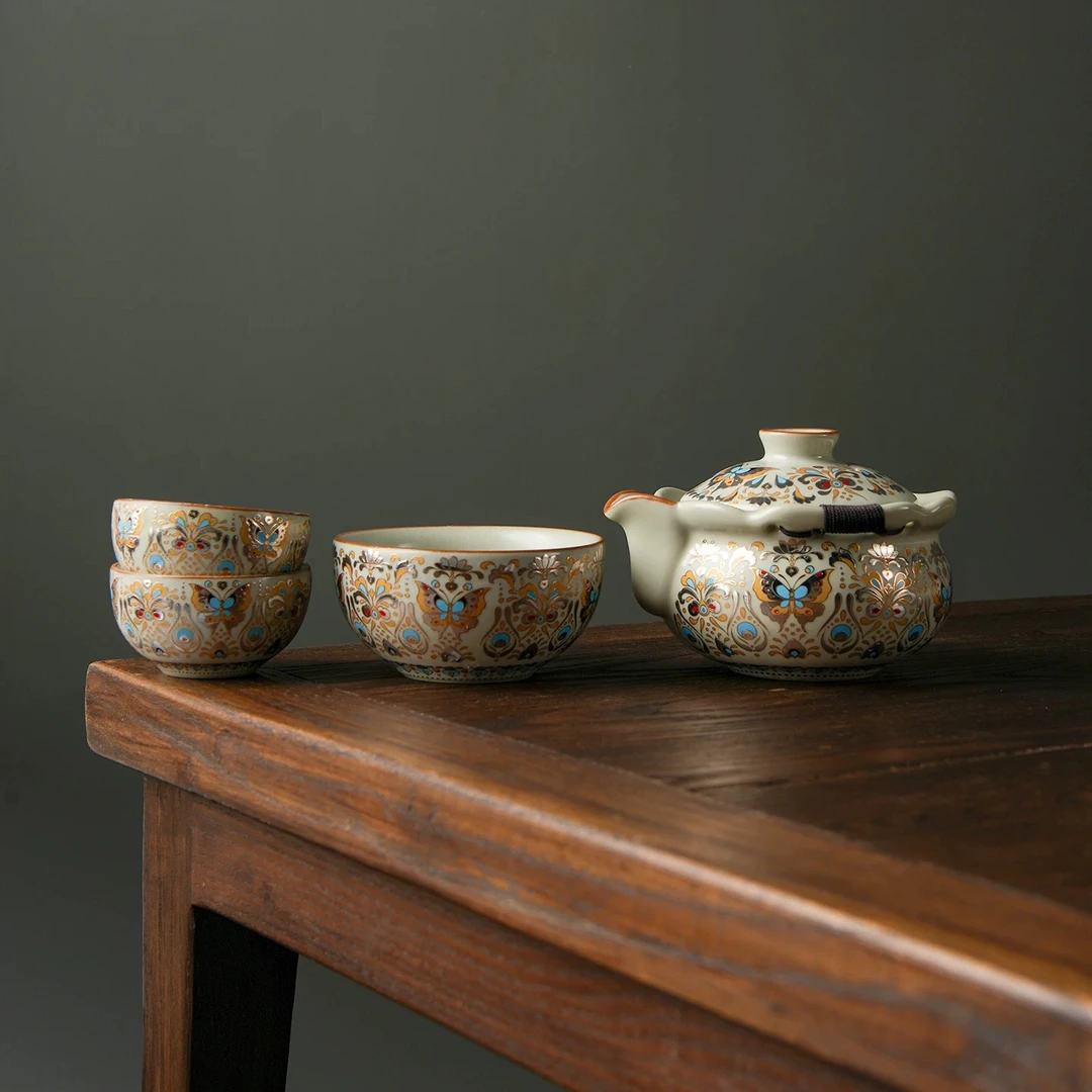 福蝶汝窑一壶三杯+茶盘户外便携式家用旅行茶具