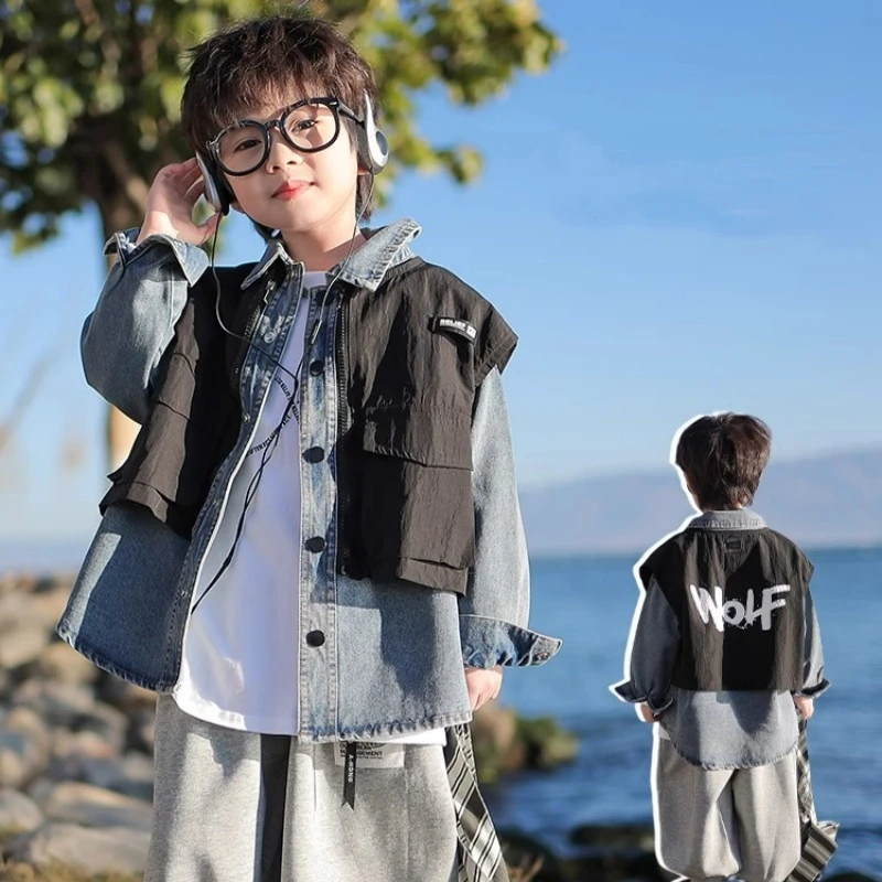 男童外套春装2025新款儿童春秋款假两件牛仔上衣男孩帅气秋季衣服