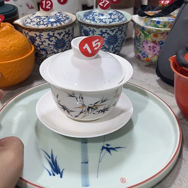 富竹吉祥三才盖碗一套