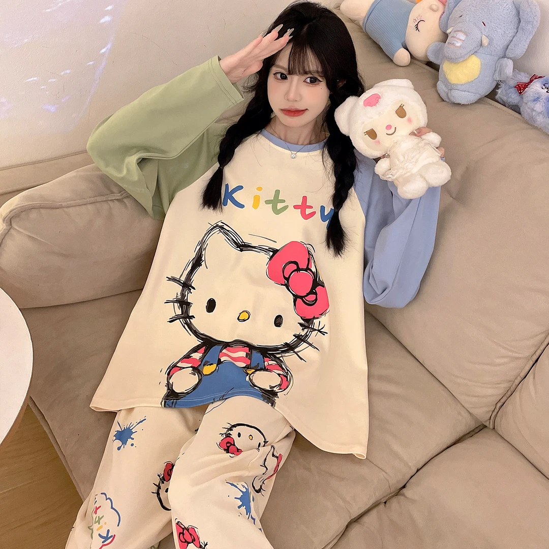 春秋款纯棉女士睡衣长袖长裤2025新款少女卡通甜美大码家居服套装