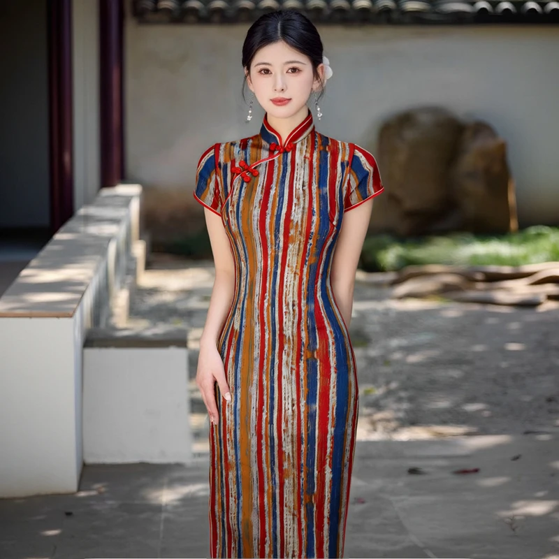 红色竖条纹显瘦复古中式旗袍夏季改良气质日常素雅修身高级连衣裙