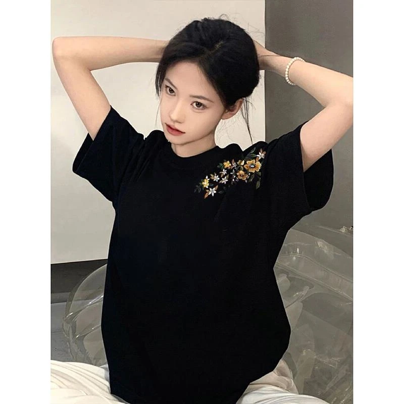 2025新款爆款夏季纯棉黑色短袖t恤女设计感美式宽松半袖正肩上衣