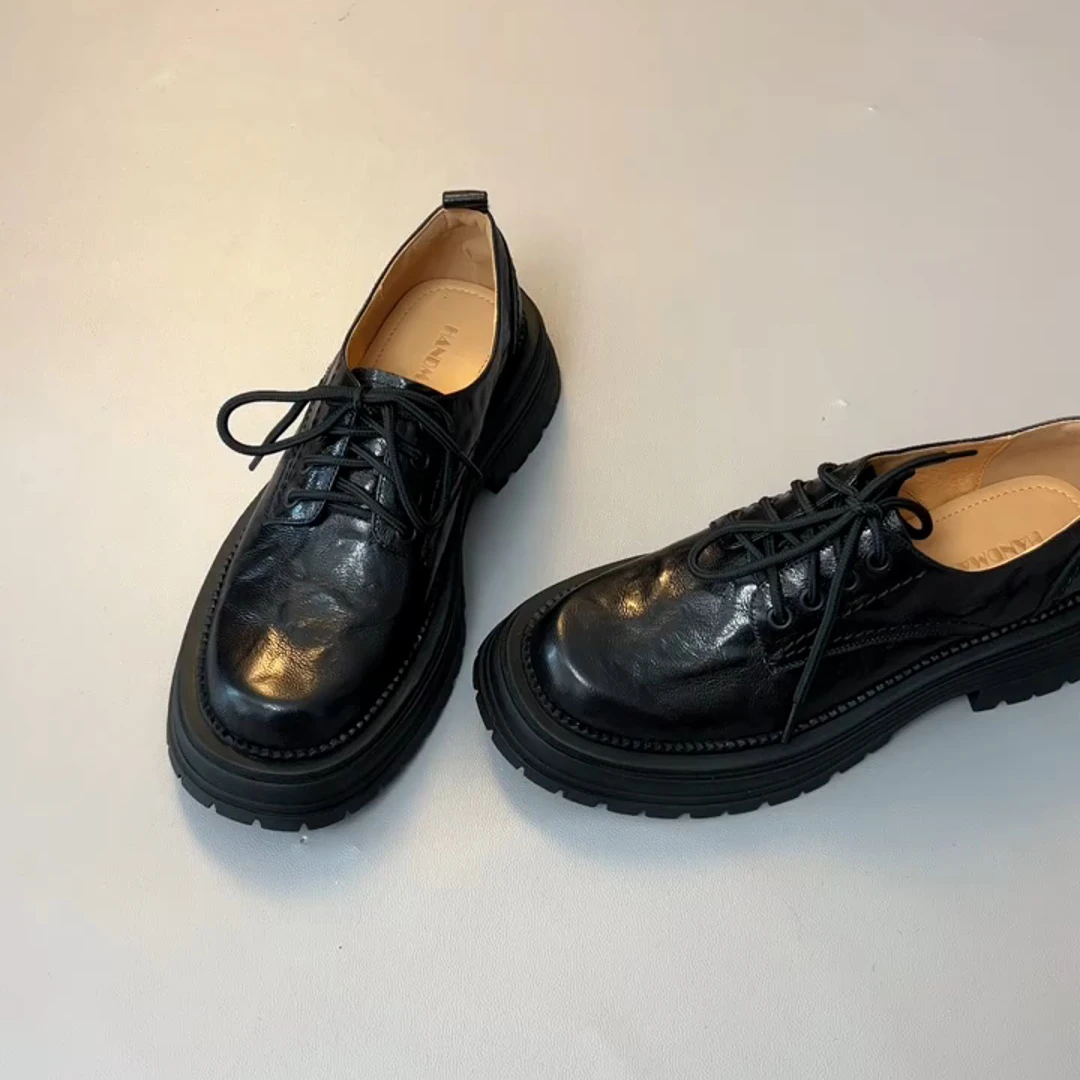 不累脚！英伦风系带小皮鞋女2025新款复古厚底乐福鞋黑色粗跟单鞋