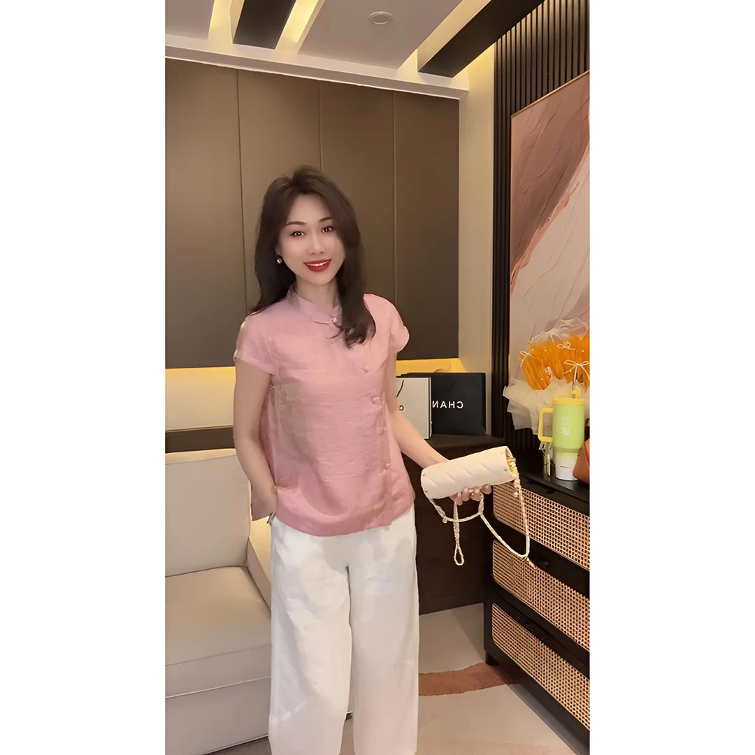 Tian-6夏季新款时尚百搭新中式国风复古气质减龄轻奢立领短袖上衣