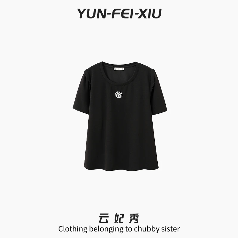 云妃秀大码女装T恤简约撞色时尚宽松显瘦遮肉胖妹妹短袖夏季13035