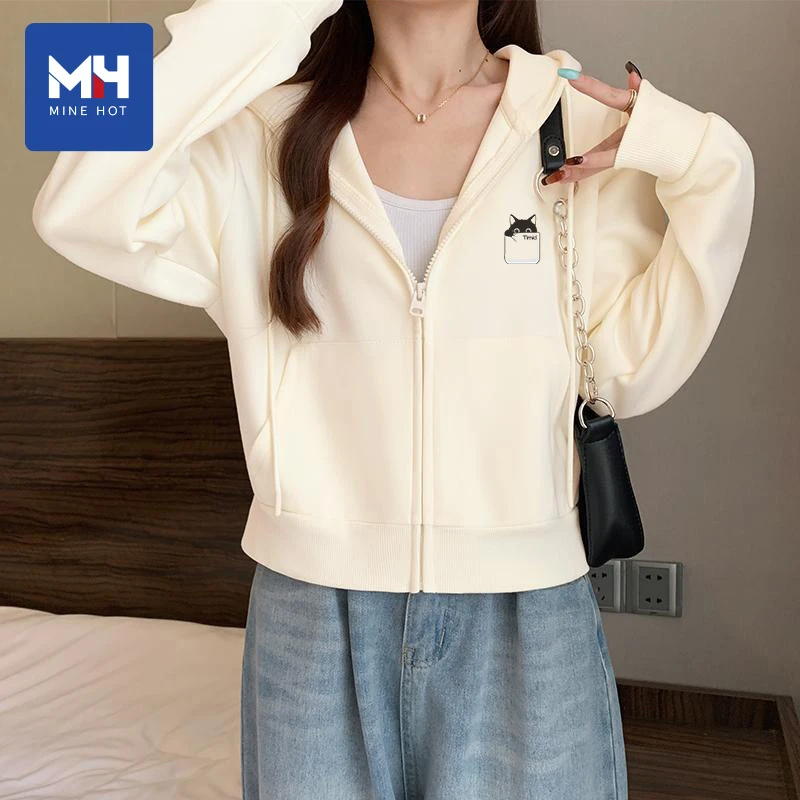 唐狮集团MH奶白色外套女春秋2025新款宽松连帽拉链开衫短款卫衣L